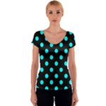 Polka Dots - Aqua Cyan on Black Women s V-Neck Cap Sleeve Top