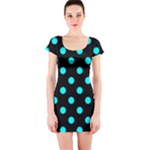 Polka Dots - Aqua Cyan on Black Short Sleeve Bodycon Dress