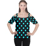 Polka Dots - Aqua Cyan on Black Women s Cutout Shoulder Tee