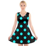Polka Dots - Aqua Cyan on Black V-Neck Sleeveless Dress