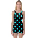 Polka Dots - Aqua Cyan on Black One Piece Boyleg Swimsuit