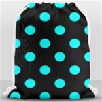 Polka Dots - Aqua Cyan on Black Drawstring Bag (Large)