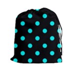 Polka Dots - Aqua Cyan on Black Drawstring Pouch (XXl)
