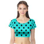 Polka Dots - Black on Bright Turquoise Short Sleeve Crop Top (Tight Fit)