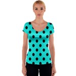 Polka Dots - Black on Bright Turquoise Women s V-Neck Cap Sleeve Top