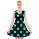 Polka Dots - Bright Turquoise on Black V-Neck Sleeveless Dress