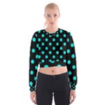 Polka Dots - Bright Turquoise on Black Women s Cropped Sweatshirt