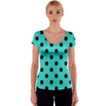 Polka Dots - Black on Turquoise Women s V-Neck Cap Sleeve Top