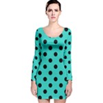 Polka Dots - Black on Turquoise Long Sleeve Velvet Bodycon Dress