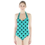 Polka Dots - Black on Turquoise Women s Halter One Piece Swimsuit