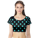 Polka Dots - Turquoise on Black Short Sleeve Crop Top (Tight Fit)