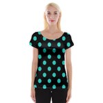 Polka Dots - Turquoise on Black Women s Cap Sleeve Top