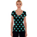 Polka Dots - Turquoise on Black Women s V-Neck Cap Sleeve Top