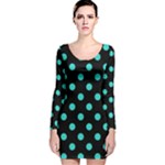 Polka Dots - Turquoise on Black Long Sleeve Velvet Bodycon Dress