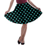Polka Dots - Turquoise on Black A-line Skater Skirt