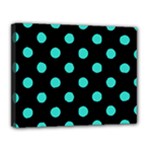 Polka Dots - Turquoise on Black Canvas 14  x 11  (Stretched)
