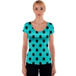 Polka Dots - Black on Cyan Women s V-Neck Cap Sleeve Top