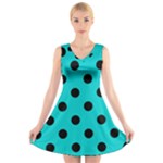 Polka Dots - Black on Cyan V-Neck Sleeveless Dress