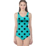 Polka Dots - Black on Cyan One Piece Swimsuit