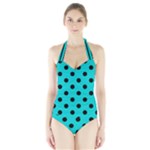Polka Dots - Black on Cyan Women s Halter One Piece Swimsuit