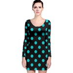 Polka Dots - Cyan on Black Long Sleeve Velvet Bodycon Dress
