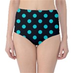 Polka Dots - Cyan on Black High-Waist Bikini Bottoms