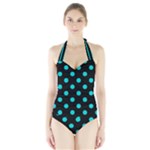 Polka Dots - Cyan on Black Women s Halter One Piece Swimsuit