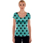 Polka Dots - Black on Verdigris Women s V-Neck Cap Sleeve Top