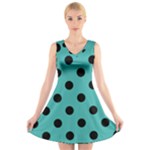 Polka Dots - Black on Verdigris V-Neck Sleeveless Dress