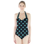 Polka Dots - Verdigris on Black Women s Halter One Piece Swimsuit