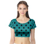 Polka Dots - Black on Teal Short Sleeve Crop Top (Tight Fit)