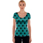Polka Dots - Black on Teal Women s V-Neck Cap Sleeve Top