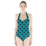 Polka Dots - Black on Teal Women s Halter One Piece Swimsuit