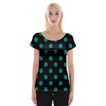 Polka Dots - Teal on Black Women s Cap Sleeve Top