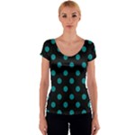 Polka Dots - Teal on Black Women s V-Neck Cap Sleeve Top