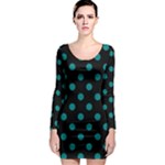 Polka Dots - Teal on Black Long Sleeve Bodycon Dress