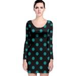 Polka Dots - Teal on Black Long Sleeve Velvet Bodycon Dress