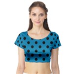 Polka Dots - Black on Cerulean Short Sleeve Crop Top (Tight Fit)