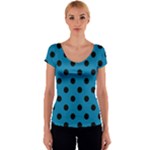 Polka Dots - Black on Cerulean Women s V-Neck Cap Sleeve Top
