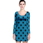 Polka Dots - Black on Cerulean Long Sleeve Velvet Bodycon Dress