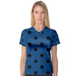 Polka Dots - Black on Dark Cerulean Women s V-Neck Sport Mesh Tee
