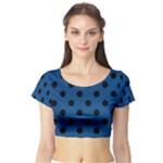 Polka Dots - Black on Dark Cerulean Short Sleeve Crop Top (Tight Fit)