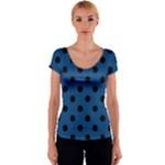 Polka Dots - Black on Dark Cerulean Women s V-Neck Cap Sleeve Top