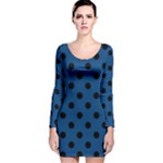 Polka Dots - Black on Dark Cerulean Long Sleeve Velvet Bodycon Dress