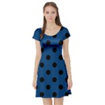 Polka Dots - Black on Dark Cerulean Short Sleeve Skater Dress