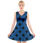 Polka Dots - Black on Dark Cerulean V-Neck Sleeveless Dress