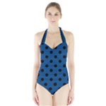 Polka Dots - Black on Dark Cerulean Women s Halter One Piece Swimsuit