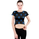 Polka Dots - Dark Cerulean on Black Crew Neck Crop Top