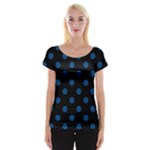 Polka Dots - Dark Cerulean on Black Women s Cap Sleeve Top