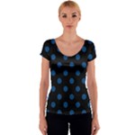 Polka Dots - Dark Cerulean on Black Women s V-Neck Cap Sleeve Top